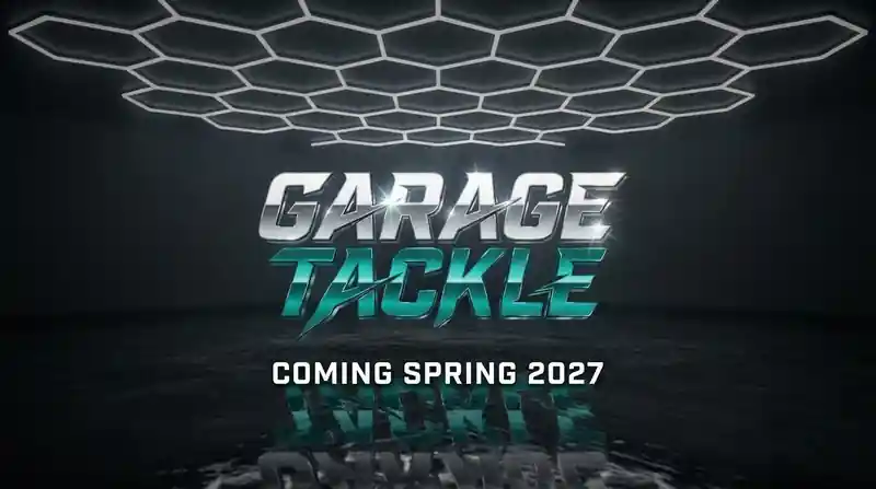 Garage Tackle, coming spring 2027. Chrome and teal logo under a ceiling of hexagon lights